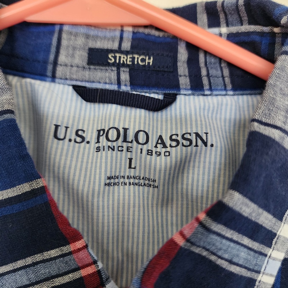 U.S. Polo Assn Plaid Button Front Shirt Men's Large Blue Red Stretch Casual - Picture 3 of 8